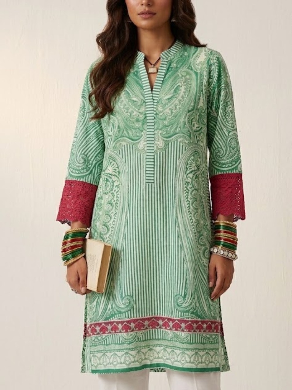 🇪🇸🥑Khaadi Cotton Kurti - Paisley Floral Cambric Tunic Paisley Crochet green 6